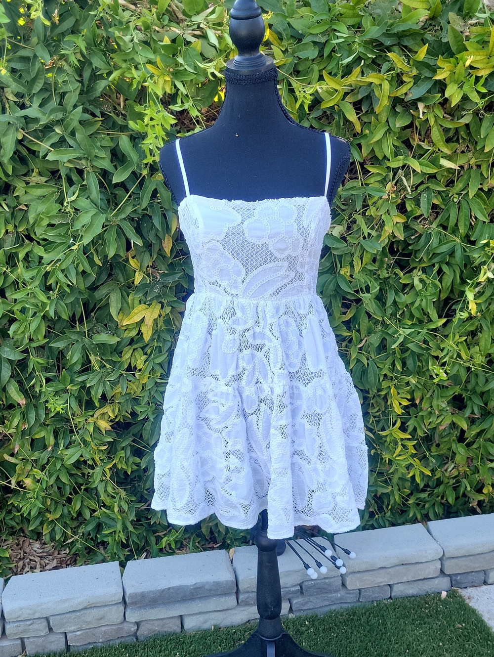 Maaji White Lace Overlay 100% Cotton Boho Symmer Mini Dress L